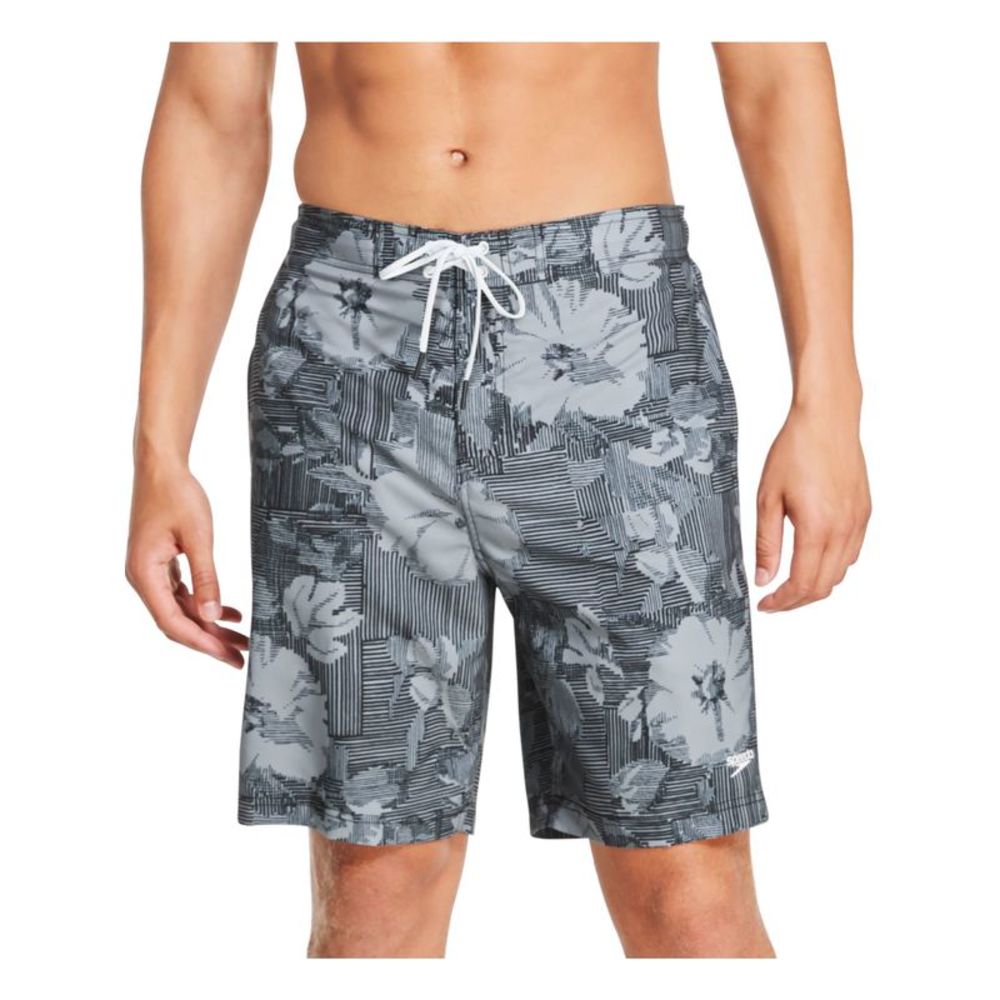 SPEEDO Mens Gray Drawstring Lined Printed Swim Trunks L